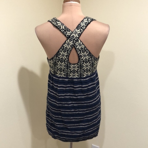 Free People Tank Top Size Small Navy Blue Cream Striped Fairisle - Picture 6 of 11